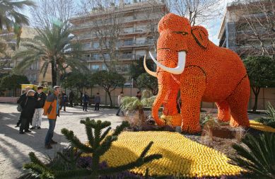 Mamut iz pomaranč in limon na 78. festivalu limon v Mentonu na jugu Francije  