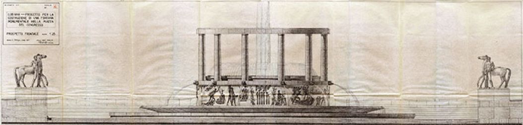 Načrt za izgradnjo monumentalnega vodnjaka na Kongresnem trgu v Ljubljani, Rim 23. marca 1942, arhitekt Italo Mancini. Hrani, Fotodokumentacija Zgodovinski arhiv Ljubljana.