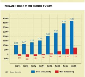 Še konec leta 2004 je slovenski bruto zunanji dolg, vključno z vsemi obveznostmi, podedovanimi iz nekdanje Jugoslavije, znašal 15,3 milijarde evrov. V naslednjih treh letih se je več kot podvojil na 34,3 milijarde evrov, konec maja letos pa je znašal že dobrih 37 milijard evrov. Neto zunanji dolg, ki kaže razmerje med terjatvami in obveznostmi do tujine po posojilnih instrumentih, je negativen in je konec maja letos znašal 7,4 milijarde evrov ali petino BDP.  To je velikanski skok, če vemo, da je imela Slovenija še konec leta 2004 do tujih držav 882 milijonov evrov neto terjatev.