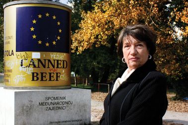 Dr. Nada Ler Sofronić pred spomenikom mednarodni skupnosti (v obliki pločevinke govejega mesa, ki je bila obvezna sestavina paketov humanitarne pomoči med vojno)
