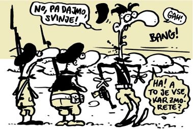 [05] Ker so okopi zgrajeni za Špance, ki so praviloma par decimetrov nižji od slokega Angleža, je njegova glava čudovita tarča v jutranji svetlobi. Kolegi ga hecajo, da ga bo slejkoprej počil kak snajper ... In potem ga nekega dne nehajo hecati. Krogla za las zgreši glavno arterijo in mu prestreli vrat. Zdravniki zmotno napovejo, da je njegov glas za vedno izgubljen. 