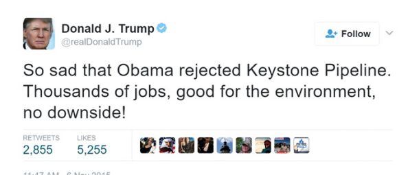 Trump se ne heca. Twit, v katerem je Obami očital ustavitev gradnje naftovoda.