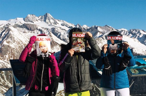 Zala, Nataša in Olly, zadaj Grossglockner, Avstrija