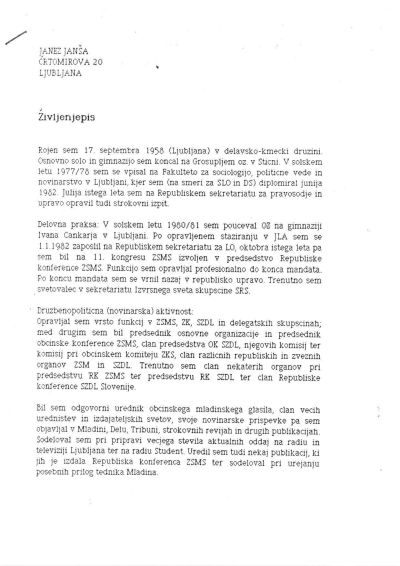 Življenjepis, ki ga je Janez Janša priložil ob prijavi za mesto odgovornega urednika lista Pavliha, 6. februarja 1985
