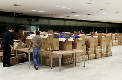 Skladišče predvolilnega propagandnega materiala SDS na Gospodarskem razstavišču v Ljubljani.