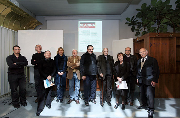 Luka Omladič, Franček Drenovec, Maja Novak, Mojca Vendramin, Janko Lorenci, Božidar Debenjak, Jurij Gustinčič, Gabi Čačinovič Vogrinčič, Bogomir Kovač in France Bučar, predstavitev zbornika Mladina Alternative, Literarni klub Lili Novy, Cankarjev dom, Ljubljana