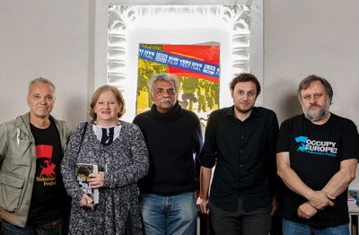 Nikola Devčić, direktor festivala, Andrea Zlatar Violić, ministrica za kulturo, Tariq Ali, zgodovinar, Srečko Horvat, vodja festivala, in Slavoj Žižek 