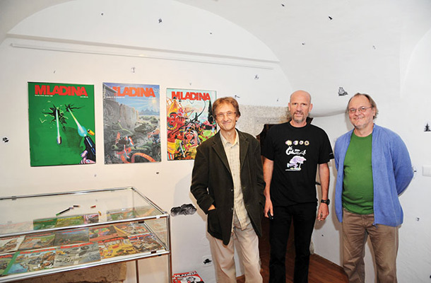 Avtorja Milan Erič in Zvonko Čoh ter Marko Arnež, odprtje razstave »Nekaj na papir«, Galerija Prešernovih nagrajencev Kranj