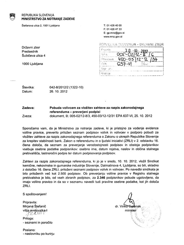 Gorenakov dopis: Minister Gorenak obvesti parlament in sindikat, da so zbrali premalo podpisov. Čeprav je na dopisu datum 26. 10, ga parlament prejme šele 30.10, tik pred potekom roka za zbiranje podpisov. Na ministrstvu pojasnjujejo, da je prišlo do napake pri sestavljanju odločbe, da so pozabili spremeniti datum, saj naj bi v resnici podpise prešteli 30. 10.