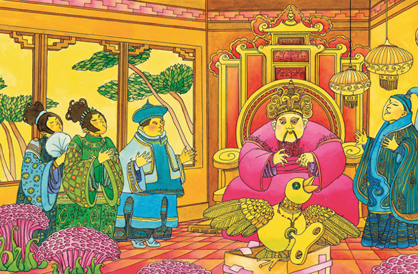 Ilustracija Kamile Volčanšek v Andersenovi pravljici o cesarjevem slavcu