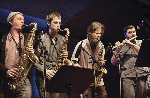 Orkester Brez meja/Senza confini (Resnik, Simon, Karlovčec, Pascolo), združeni ob 60-letnici Zlatka Kaučiča in petletnici Cankarjevih torkov, Klub Cankarjevega doma, LJ / Foto Aleš Rosa