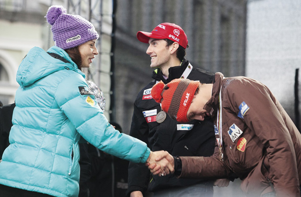 Tina Maze, Peter Prevc in Jakov Fak, sprejem za dobitnike medalj s svetovnih prvenstev, SZS, Kongresni trg, Ljubljana