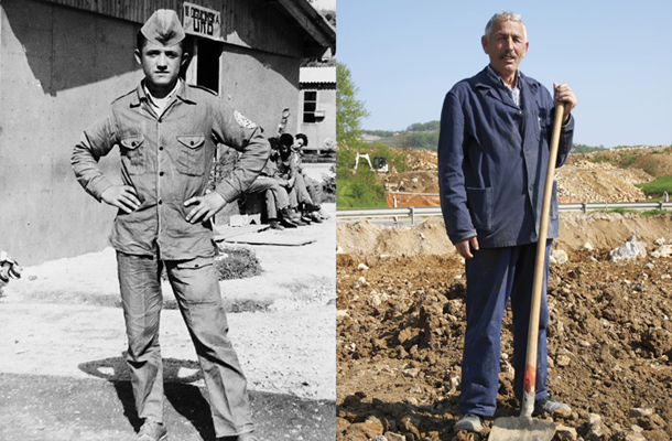 Delo iz cikla Bratstvo in enotnost, 2006. Avtor fotografije na levi strani, ki je nastala leta 1958, je umetničin oče Leopold Pungerčar, avtorica fotografije na desni strani, ki je nastala leta 2006, Nada Žgank.