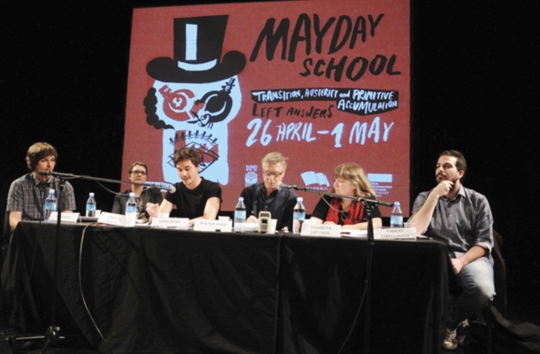 Na pogovoru o evropski levi strategiji pri gradnji socialistične alternative na prvomajski šoli Delavsko-punkerske univerze v Ljubljani so sodelovali Rok Kogej (moderator), Christina Kaindl (nemška Die Linke), Luka Mesec (DPU), Walter Baier (euro!transform), Elisabeth Gauthier (francoska Front de Gauche) in Gabriel Sakellaridis (grška Siriza).