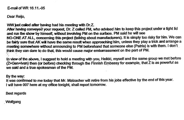 Dokaz: Email, ki ga je Riedl 16. novembra 2005 poslal na Finsko in v katerem poroča o srečanju med Walterjem Wolfom in Jožetom Zagožnom.