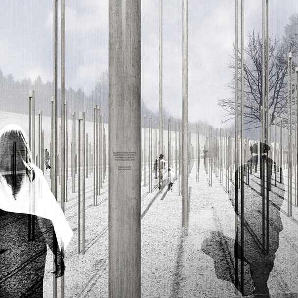 Spomenik je sestavljen iz različno visokih in različno obrnjenih stebrov, na katerih so vgravirane pesmi iz zbirke Pesmi štirih.