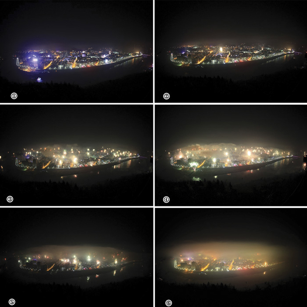 Kronološko zaporedje fotografij kitajskega mesta Shiyan ob praznovanju kitajskega novega leta lepo prikazuje onesnaženje zraka, ki ga povzroča uporaba pirotehničnih sredstev.