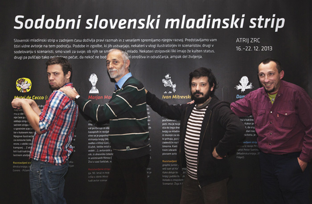 Avtorji Matej de Cecco, Marjan Manček, Ivan Mitrevski in Damijan Stepančič, razstava Sodobni slovenski mladinski strip, atrij ZRC SAZU, Ljubljana