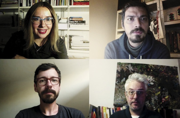 Grupa Ee v živo iz Ljubljane, Melbourna in Berlina: zgoraj Mina Fina in Ivian Kan Mujezinović, spodaj Žiga Testen in Damjan Ilić.