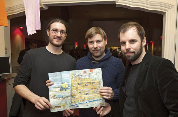 Iniciator Matej Zonta in režiserja Marko Kumer - Murč in Urban Zorko, premiera filma Zelena utopija, projekt Urbano vrtnarstvo, Kinodvor, Ljubljana