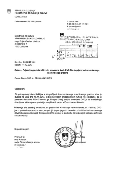 Dopis zunanjega ministrstva Arhivu Slovenije, ki je bil priložen dvema DVD-jema. Na DVD-jih, v lasti Heimatdiensta, so bili skopirani dokumenti arhiva, do katerih je dostop omejen.