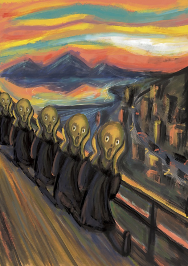 Ilustracija Jerneja Žumra po sliki Edvarda Muncha Krik