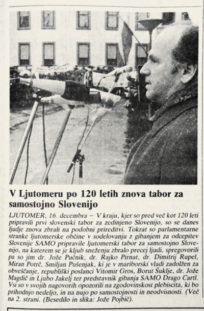 Objava na prvi strani časopisa Delo, 17. decembra 1990