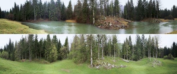 Panorama Hotenjskega ravnika ob visoki vodi septembra 2010 in po poplavi.