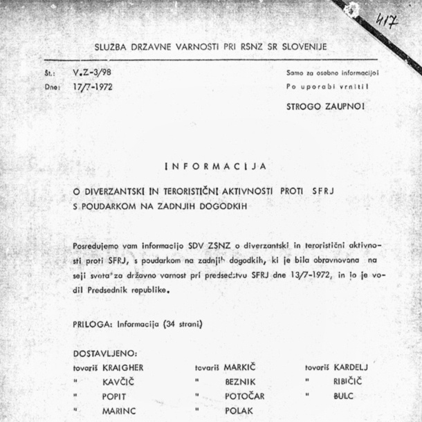 Prva stran dokumenta, ki dokazuje, da Milan Kučan ni bil prejemnik informacije o udbovskih »zločinih«. Člani parlamentarne komisije za človekove pravice pod vodstvom Eve Irgl (SDS) te strani niso dobili.
