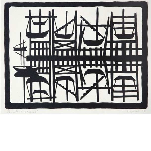 Viseči čolni, 1951 (lesorez)