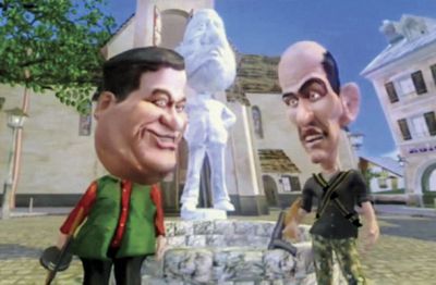 Zoki in Ivan kot terorista, v ozadju živi spomenik Dimsi 