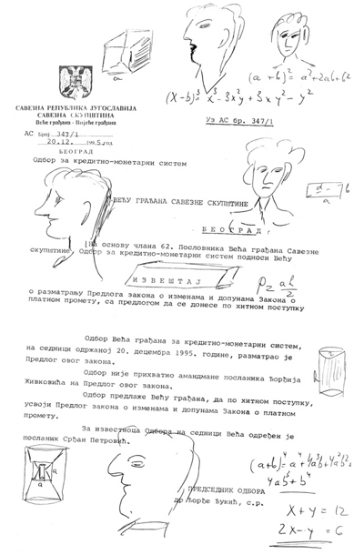 Dragoljub Mićunović med sestanki ni vadil le risanja, temveč tudi matematične enačbe. Napisal je recimo x + y = 12 in 2x – y = 6.