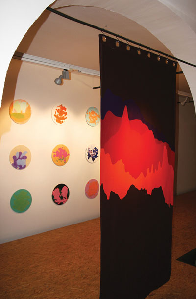 Slikarska postavitev iz dveh ciklov: KDO SE BOJI FINANČNIH TRGOV?, 2013 (zavese 300 cm x 140 cm, blago in filc) in cikla :) , 2013 (akril na platnu, premer 50 cm)