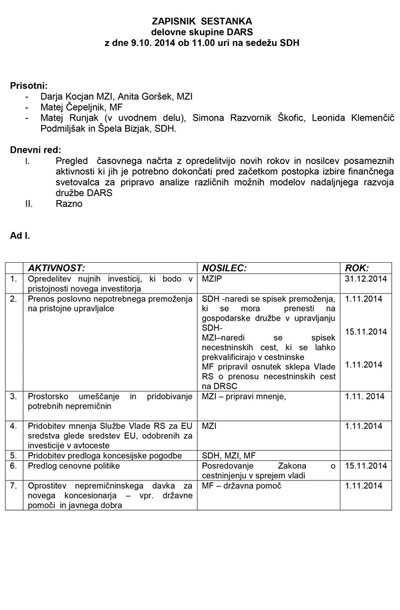 Zapisnik prvega sestanka delovne skupine »DARS« iz prejšnjega meseca, ki pripravlja podlage za privatizacijo slovenskega avtocestnega križa. Glavne aktivnosti se morajo končati še ta mesec.