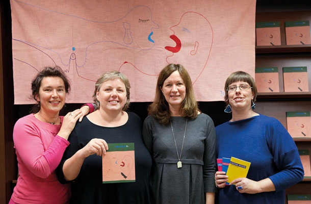 Mojca Zlokarnik, Saša Bezjak, Nadja Zgonik in Petja Grafenauer, predstavitev publikacije Dela in 100. številke Likovnih besed, Konzorcij, Ljubljana