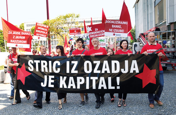 Protest Združene levice proti prodaji  Mercatorja Agrokorju, 28. junija 2014
