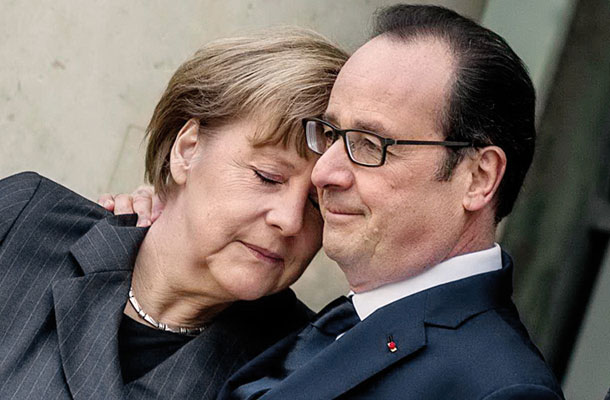 Serijo vzrokov za prevlado radikalnega islama velja iskati v kapitalističnem imperializmu, za katerega se vedno znova pozablja, da je s finančnimi injekcijami in dobavo orožja bistveno pripomogel k vzponu radikalnega islama (na fotografiji Angela Merkel in François Hollande v Parizu 11. januarja 2015) 