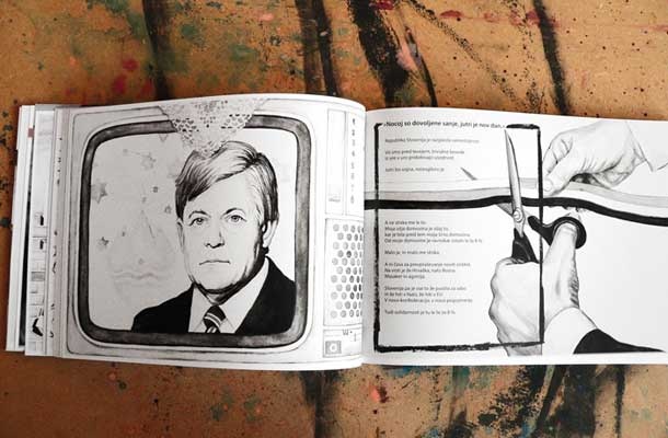 Milan Kučan na TV-zaslonu, pokritem z izvezenim prtičkom, sporoča, da je Slovenija razglasila samostojnost