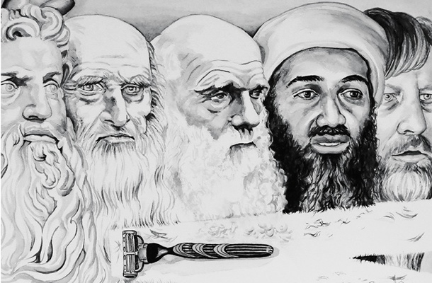 Del ilustracije znanih bradačev (Sokrat, Trocki, Da Vinci, Darwin, Božiček, Bin Laden, Žižek ...), ki so se čutili poklicane, da razlagajo in vodijo ta svet. Zraven je narisala britvico.