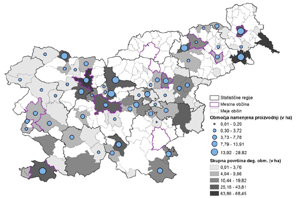 Nepozidana stavbna zemljišča po slovenskih občinah leta 2014. Velike deleže nepozidanih stavbnih zemljišč imajo najpogosteje redko poseljene občine, pa tudi številne manjše občine v severovzhodni Sloveniji.