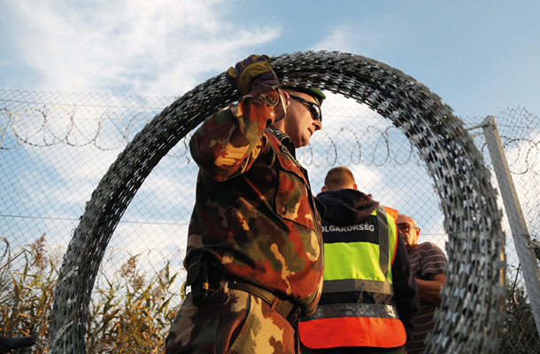 Postavljanje ograje z bodečo žico na madžarsko-srbski meji 