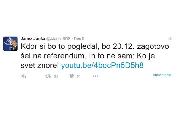 Tvit Janeza Janše je ogled videa poslal v višave, za zdaj si ga je ogledalo več kot 20.000 ljudi.