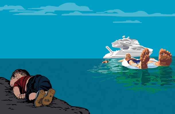 Prizor iz Pisma Adni: isto morje je lahko sinonim za počitnice  ali nevarno oviro na poti iz vojne v mir, pri prečkanju katere so mnogi, tudi begunski deček Aylan Kurdi, izgubili življenje