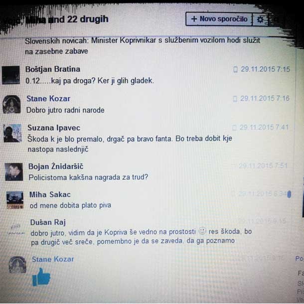 Zjutraj naslednji dan dežujejo čestitke policistoma, ki sta na terenu izvedla akcijo zoper ministra