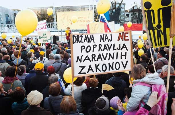 Istospolno usmerjeni so »nenaravni«, ker je njihova spolna identiteta »nenaravna«, samske ženske so »nenaravne«, ker hočejo umetno oploditev, izbrisani so »nenaravni«, ker niso del narodovega telesa, begunci so »nenaravni«, ker ne sodijo k nam. (na fotografiji shod koalicije Za otroke gre! proti pravicam istospolnih parov, Ljubljana 3. marca 2015)