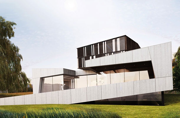 Pri Vili Scorpio (Švica) so s pomočjo treh razvejanih krakov reševali višinske razlike v terenu. Tudi sam bivalni prostor je v treh etažah in opredeljuje posamezne funkcije in bivalne navade prebivalcev. 