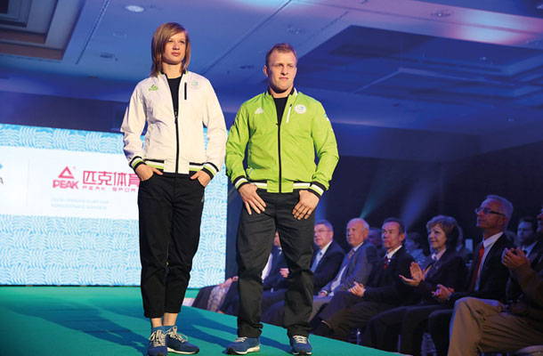 Atletinja Tina Šutej in judoist Rok Drakšič, predstavitev olimpijske kolekcije Rio 2016, Hotel Lev, Ljubljana