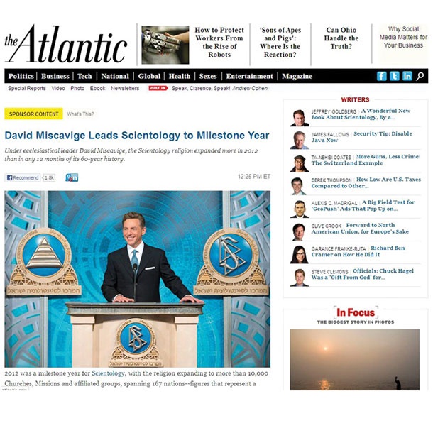 Znamenita ameriška revija The Atlantic je bila deležna številnih kritik zaradi plačane objave, ki nekritično govori o uspehih scientološke cerkve