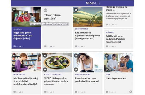 Spletna stran Siol.net. V zgornji vrsti so uredniške vsebine, v spodnji oglaševalske. Označene so s »cekinom«.