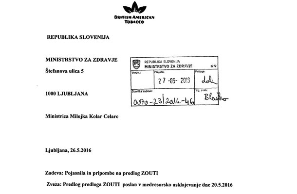 Dokument s pripombami tobačne korporacije British American Tobacco. Korporacija v njem komentira novelo zakona o omejevanju tobačnih izdelkov, ki bi morala biti dostopna le vladi.
